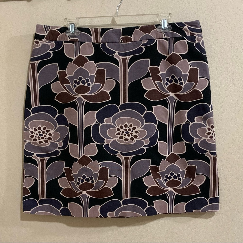 Boden Lotus Flower Print A-line Skirt Black Brown Tan Sz 14
